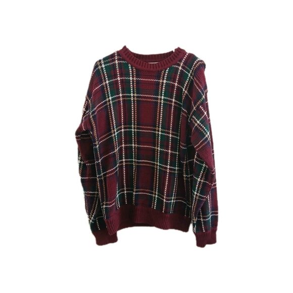 Merona Womens M Red Green Plaid Stripe Knit Vintage Pullover Sweater Holiday 90s - Picture 1 of 5